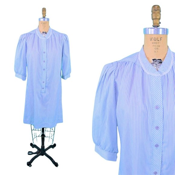Vintage Dresses & Skirts - Vintage 1980s Striped Shift Dress Blue Nightgown Style Nautical | W 40"